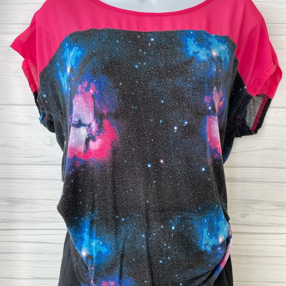 Rue21 Sheer Pink on top and Space Black & Blue print on bottom.